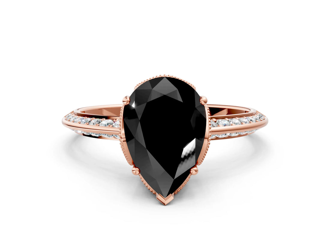 Rose gold Fancy Black Pear Cut Solitaire Split Shank Pave Diamond Engagement Ring with Four-Prong Setting