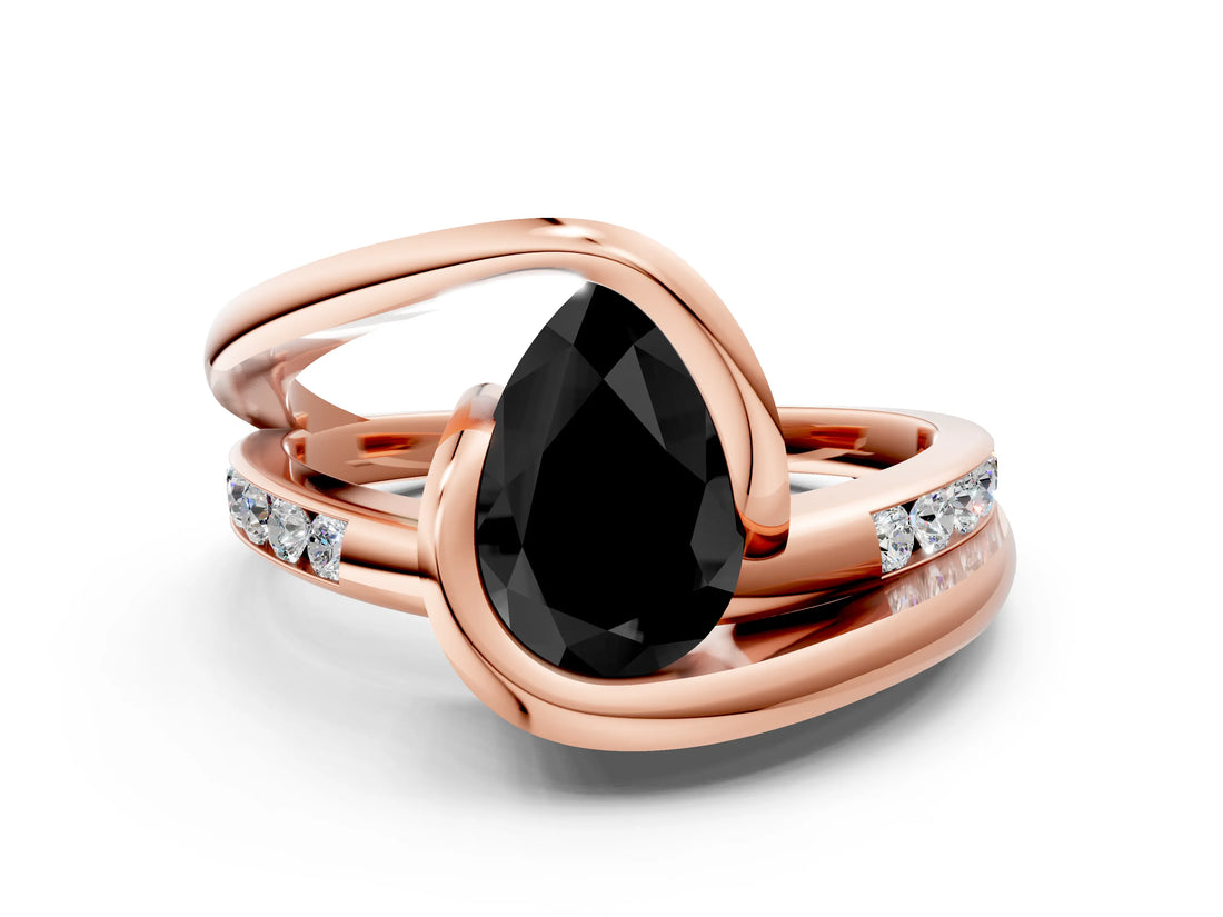 Rose gold Fancy Black Pear Cut Solitaire Tension-Set Diamond Split Shank Ring