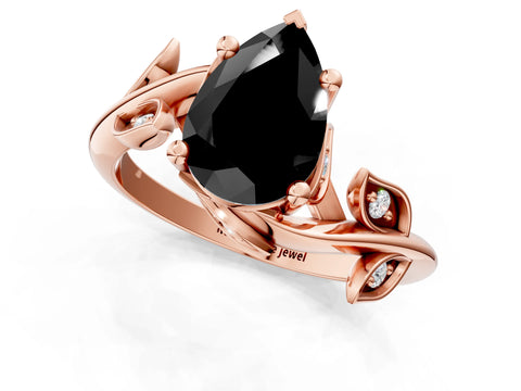Rose gold Fancy Black Pear Cut Solitaire Twist Engagement Ring with Leaf Accents and Prong Setting_13