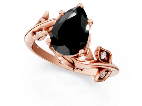 Rose gold Fancy Black Pear Cut Solitaire Twist Engagement Ring with Leaf Accents and Prong Setting_14