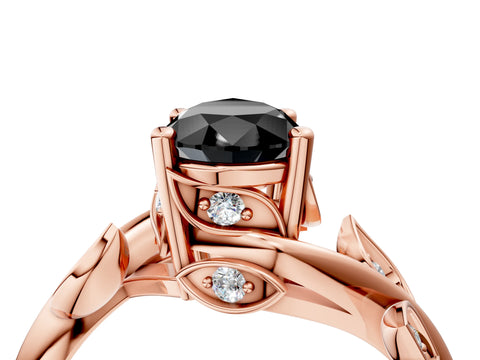 Rose gold Fancy Black Pear Cut Solitaire Twist Engagement Ring with Leaf Accents and Prong Setting_16