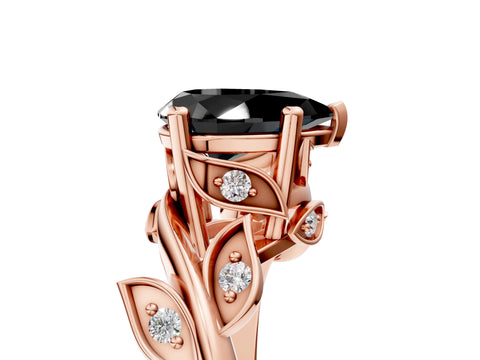Rose gold Fancy Black Pear Cut Solitaire Twist Engagement Ring with Leaf Accents and Prong Setting_18