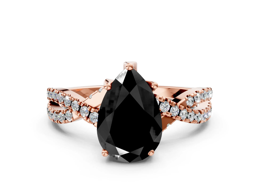 Rose gold Fancy Black Pear Cut Solitaire Twist Pave Diamond Engagement Ring with Prong Setting