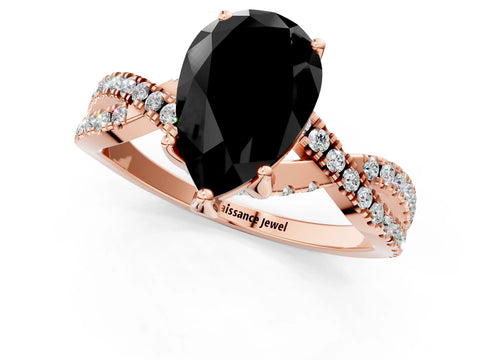 Rose gold Fancy Black Pear Cut Solitaire Twist Pave Diamond Engagement Ring with Prong Setting_1
