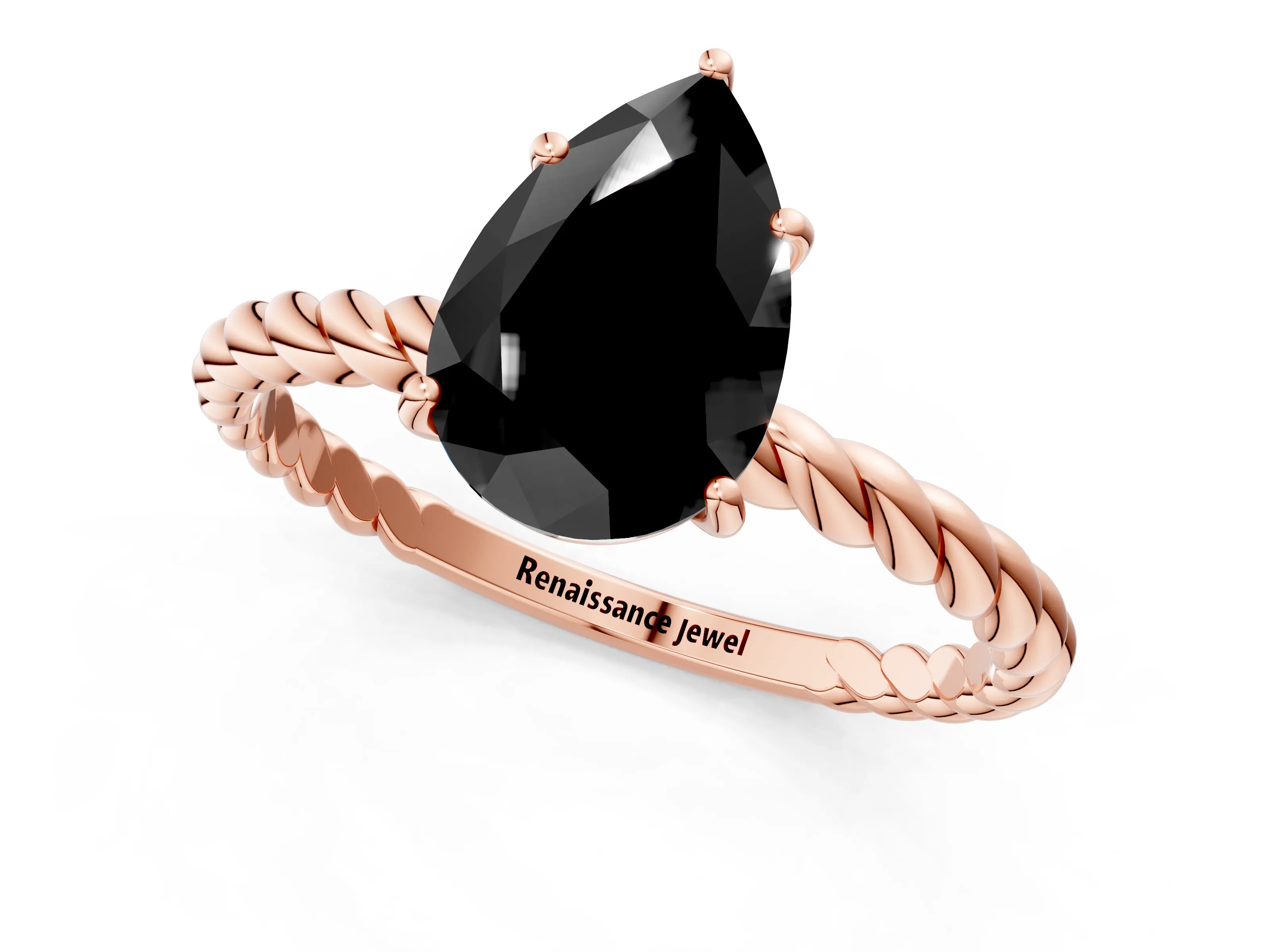 Rose gold Fancy Black Pear Cut Solitaire Twisted Band 4-Prong Ring_1