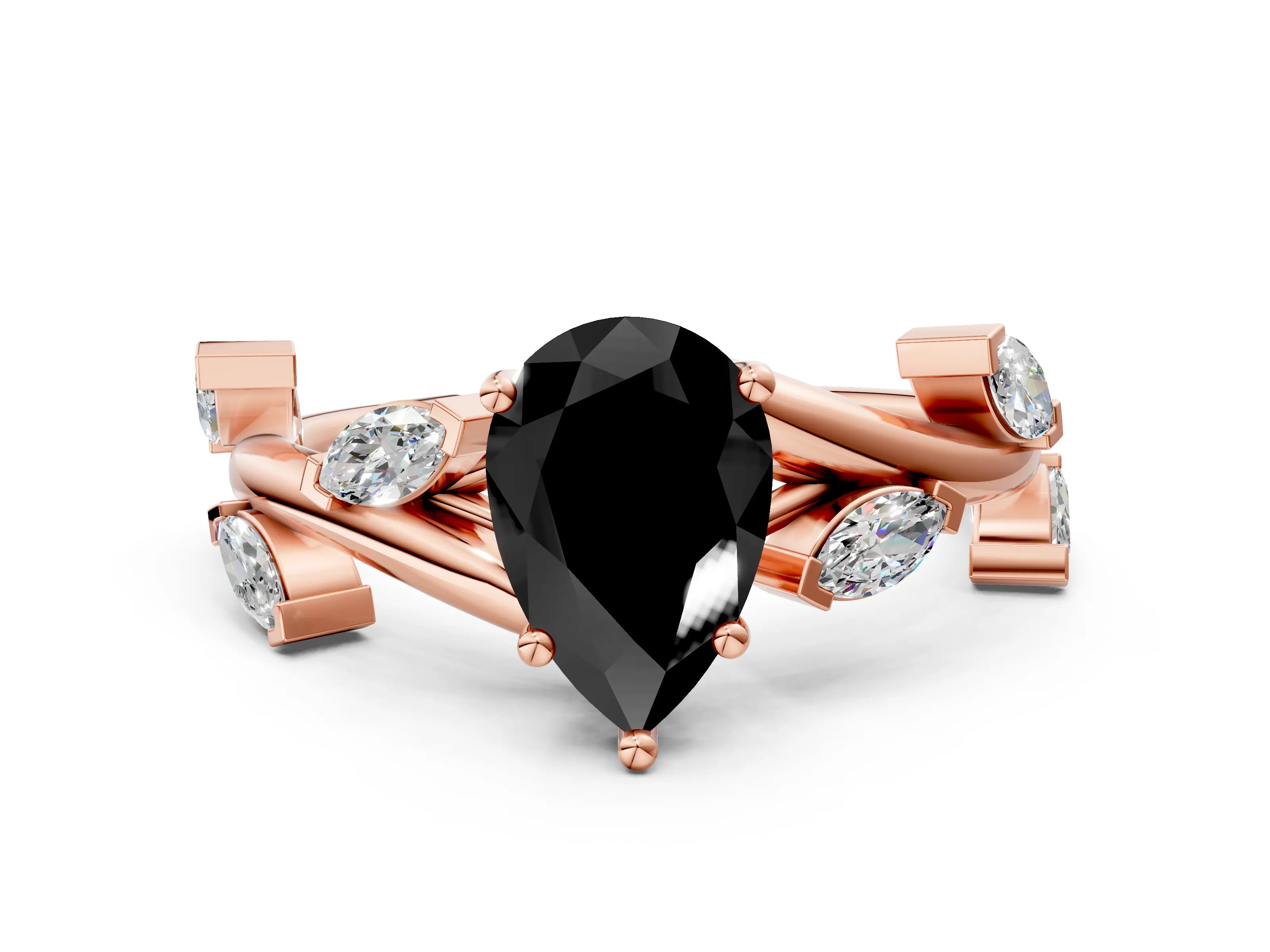 Rose gold Fancy Black Pear Cut Solitaire Twisted Band Marquise Accent Prong Setting Ring