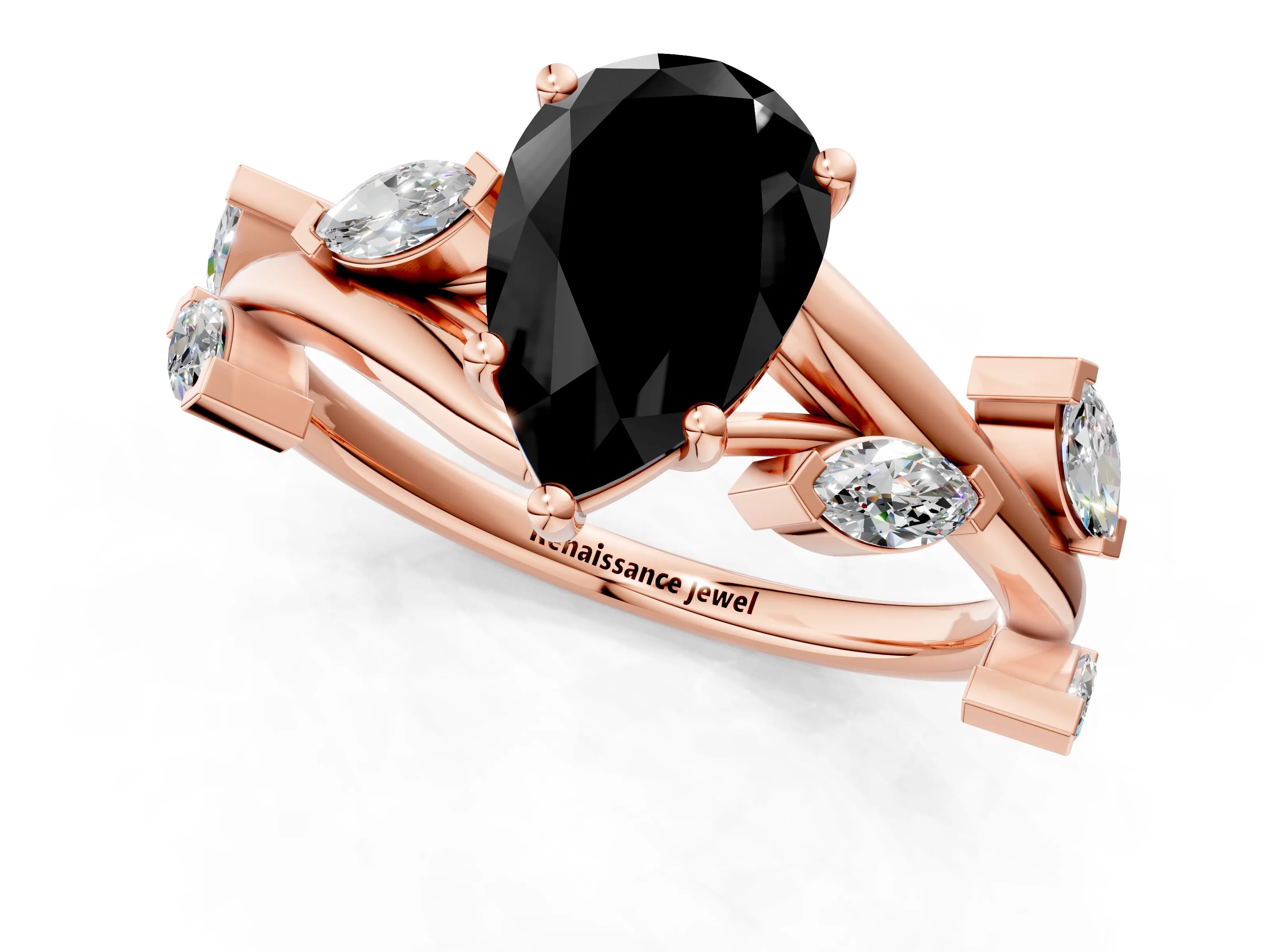 Rose gold Fancy Black Pear Cut Solitaire Twisted Band Marquise Accent Prong Setting Ring_1