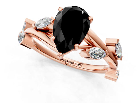 Rose gold Fancy Black Pear Cut Solitaire Twisted Band Marquise Accent Prong Setting Ring_1