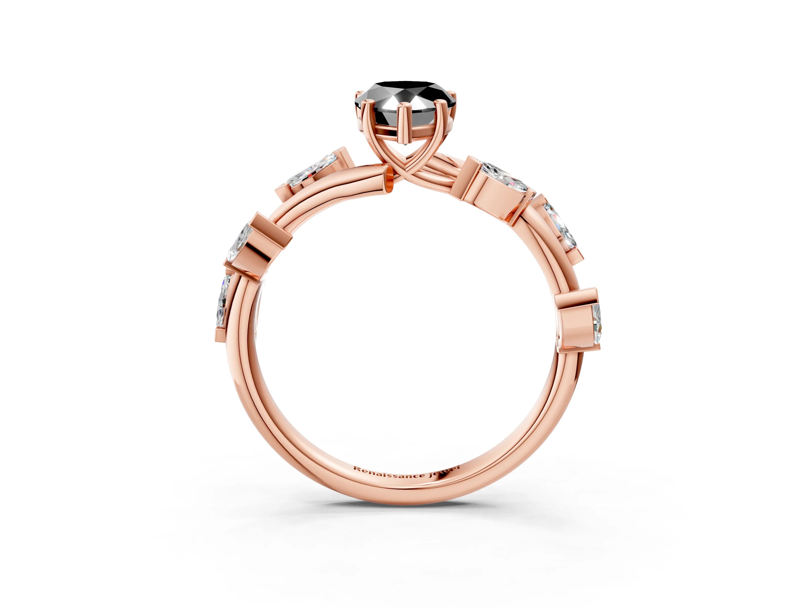 Rose gold Fancy Black Pear Cut Solitaire Twisted Band Marquise Accent Prong Setting Ring_3