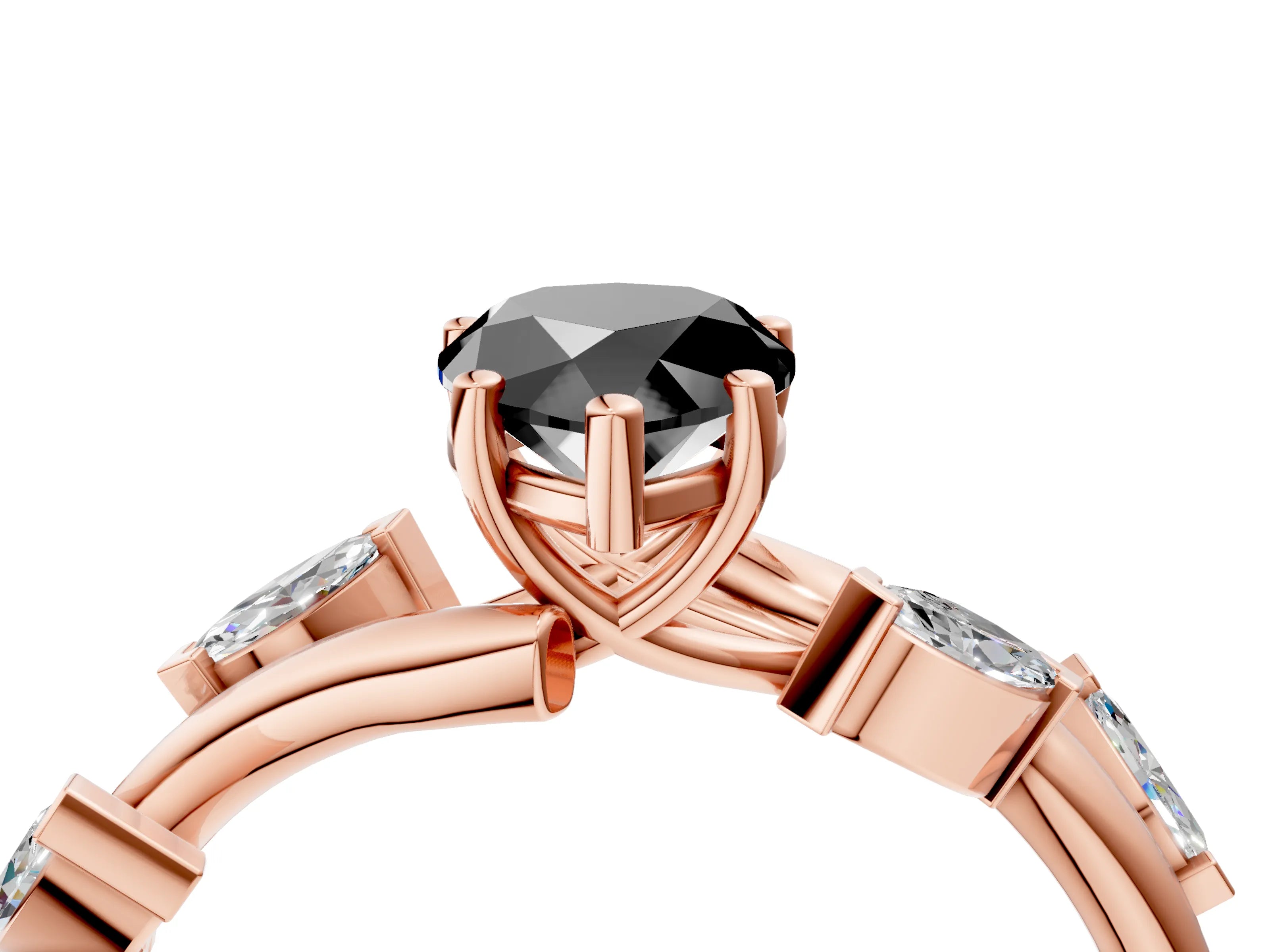 Rose gold Fancy Black Pear Cut Solitaire Twisted Band Marquise Accent Prong Setting Ring_4