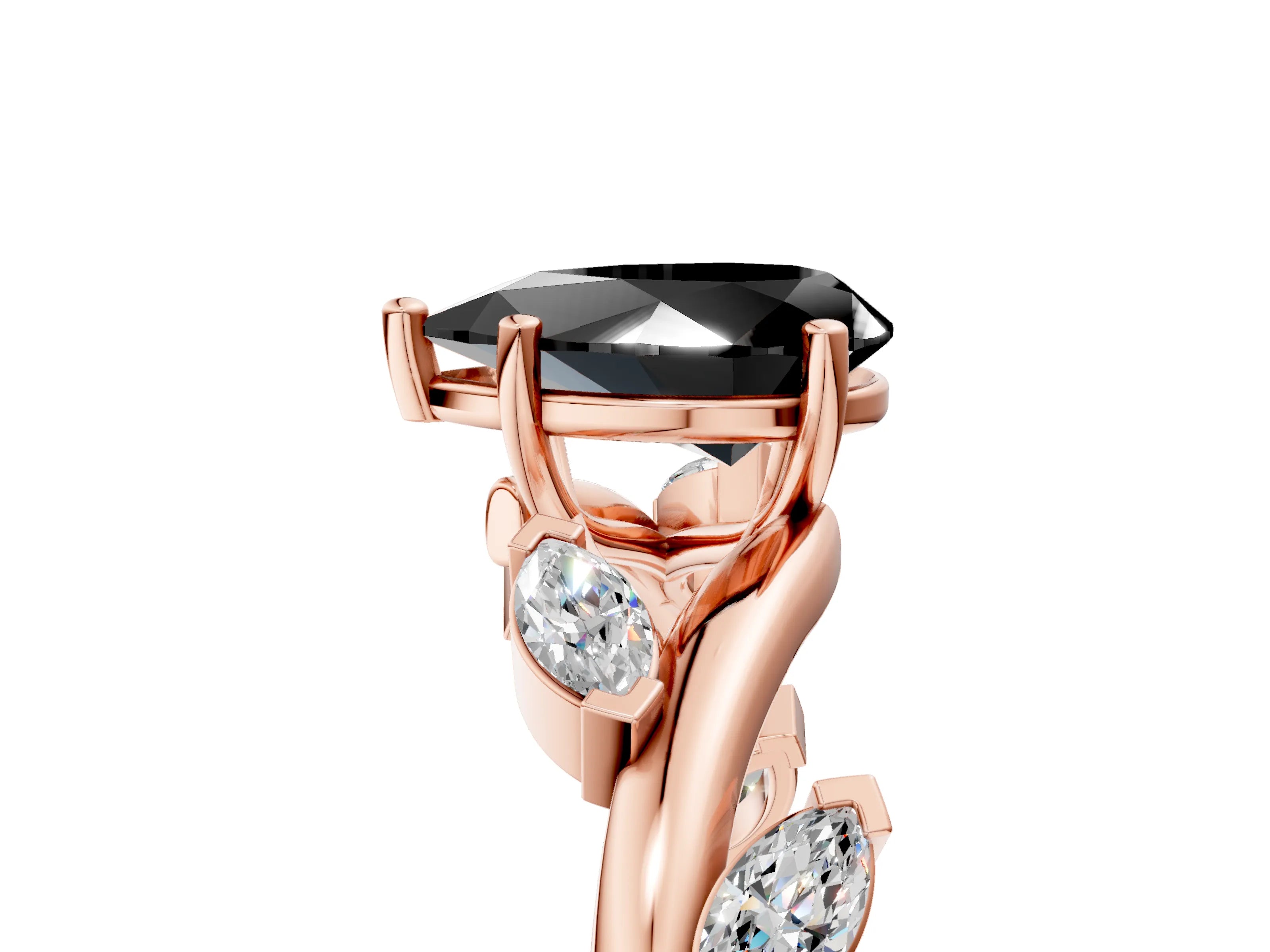 Rose gold Fancy Black Pear Cut Solitaire Twisted Band Marquise Accent Prong Setting Ring_5