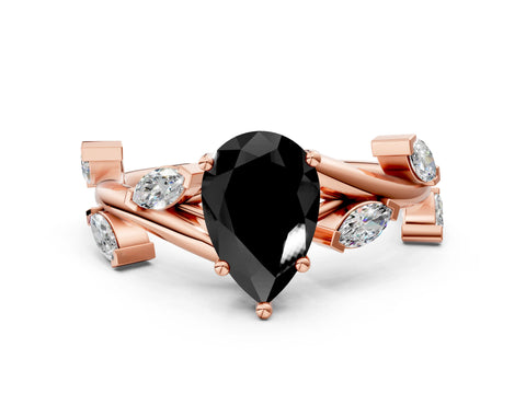 Rose gold Fancy Black Pear Cut Solitaire Twisted Band Marquise Accent Prong Setting Ring