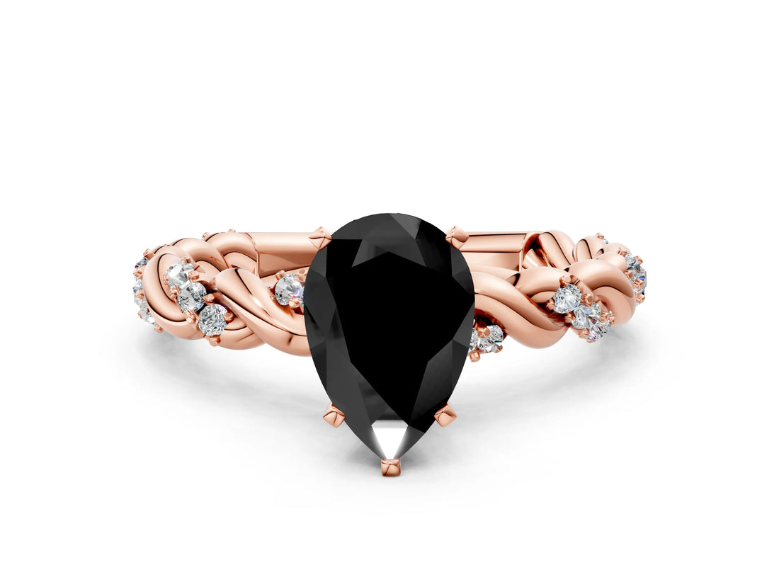 Rose gold Fancy Black Pear Cut Solitaire Twisted Band with Pavé Accents and Four-Prong Setting