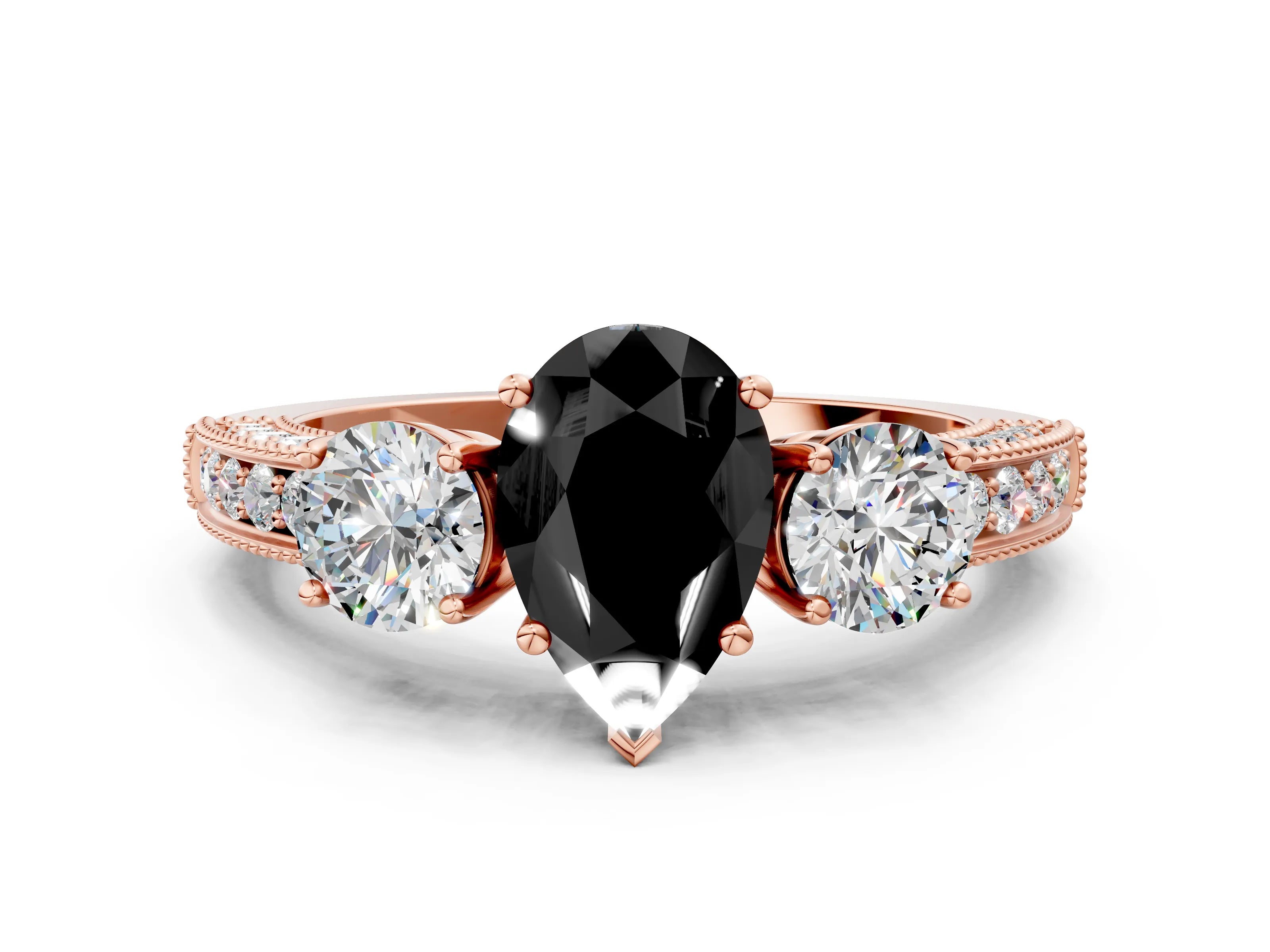 Rose gold Fancy Black Pear Cut Three-Stone Diamond Ring with Pavé Band and Four-Prong Setting