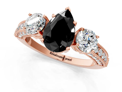 Rose gold Fancy Black Pear Cut Three-Stone Diamond Ring with Pavé Band and Four-Prong Setting_1