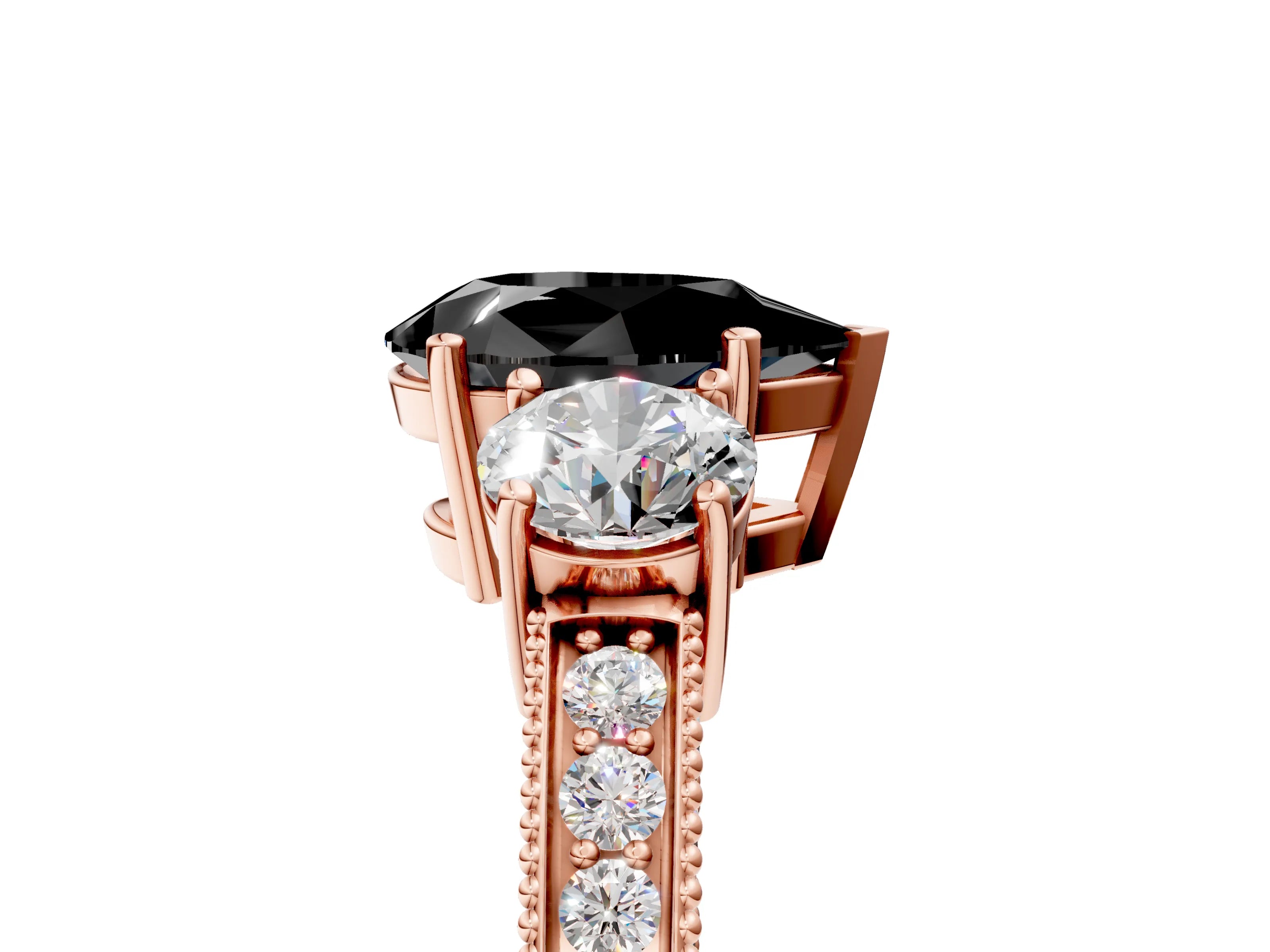 Rose gold Fancy Black Pear Cut Three-Stone Diamond Ring with Pavé Band and Four-Prong Setting_5
