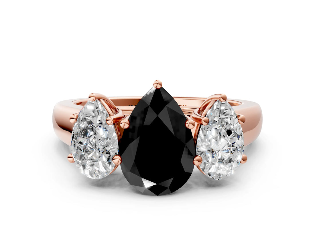 Rose gold Fancy Black Pear Cut Three-Stone Diamond Ring with Prong Setting on a Classic Band_12