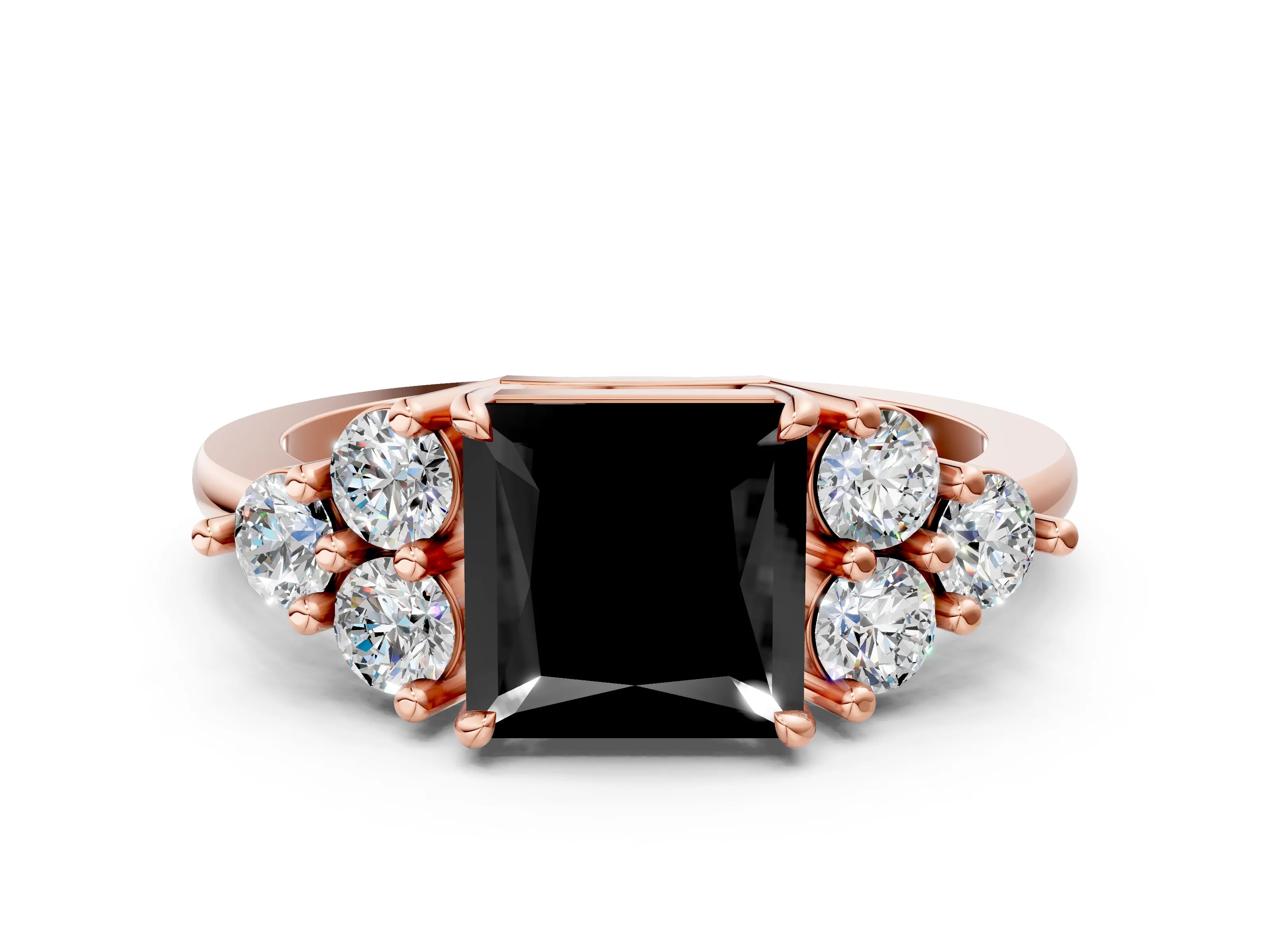 Rose gold Fancy Black Princess Cut Brilliant Diamond Cluster Accent Solitaire Ring with Prong Setting