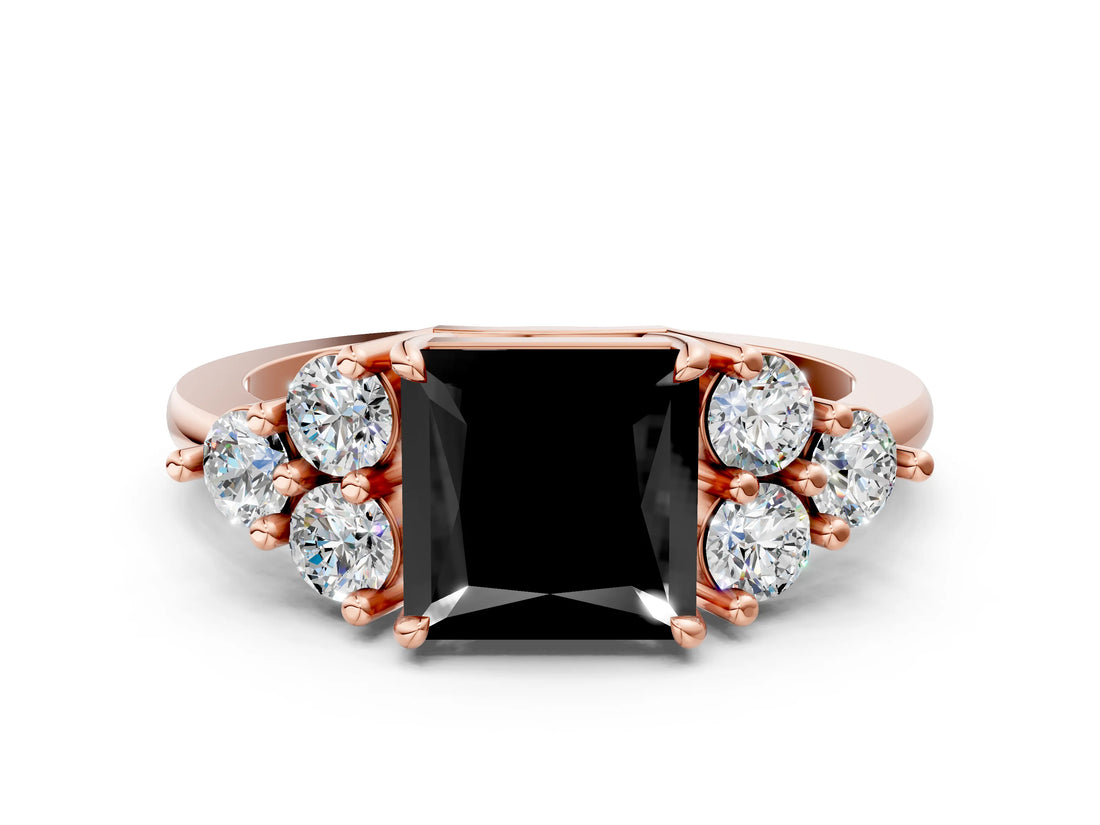 Rose gold Fancy Black Princess Cut Brilliant Diamond Cluster Accent Solitaire Ring with Prong Setting