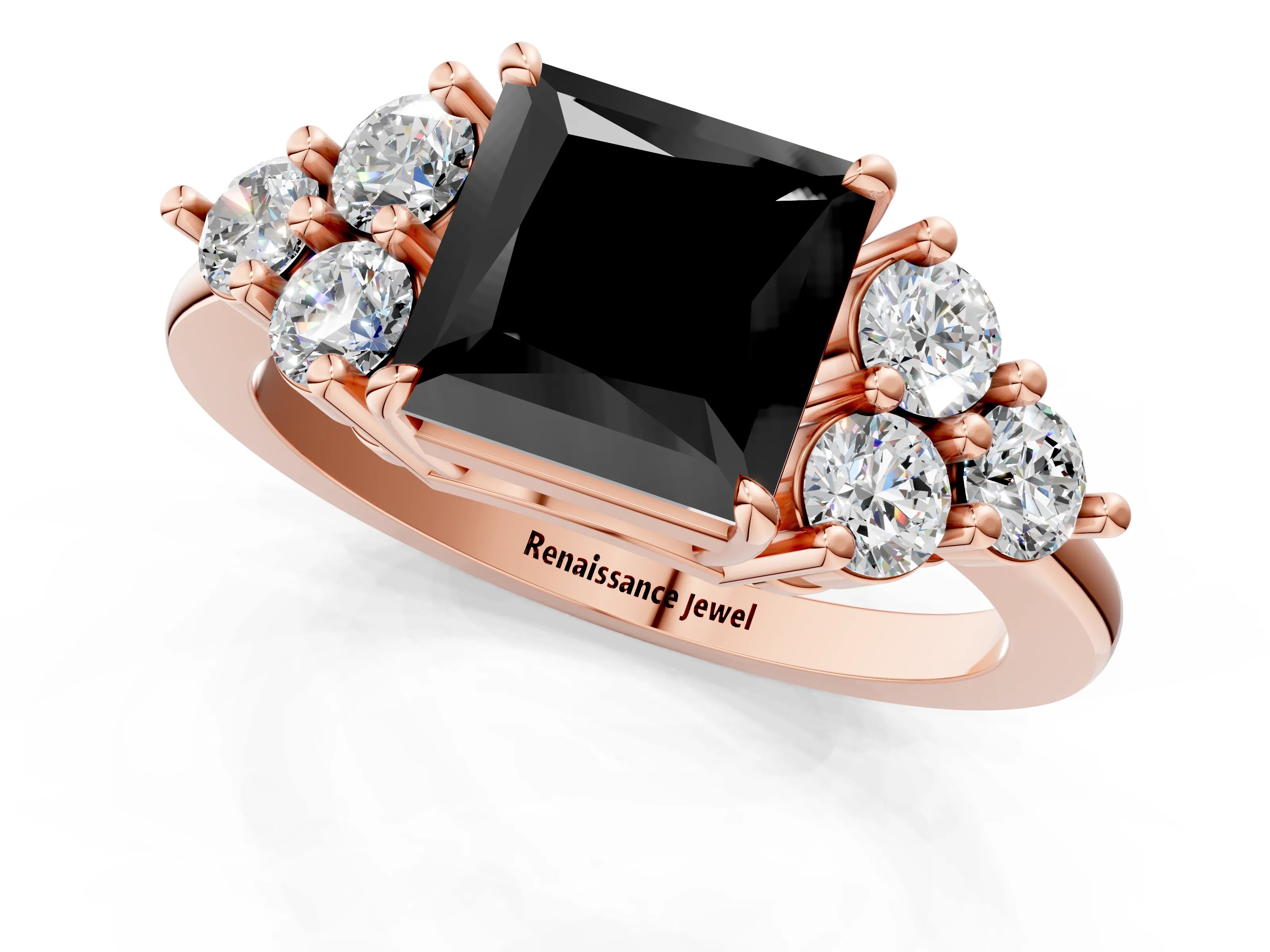 Rose gold Fancy Black Princess Cut Brilliant Diamond Cluster Accent Solitaire Ring with Prong Setting_1
