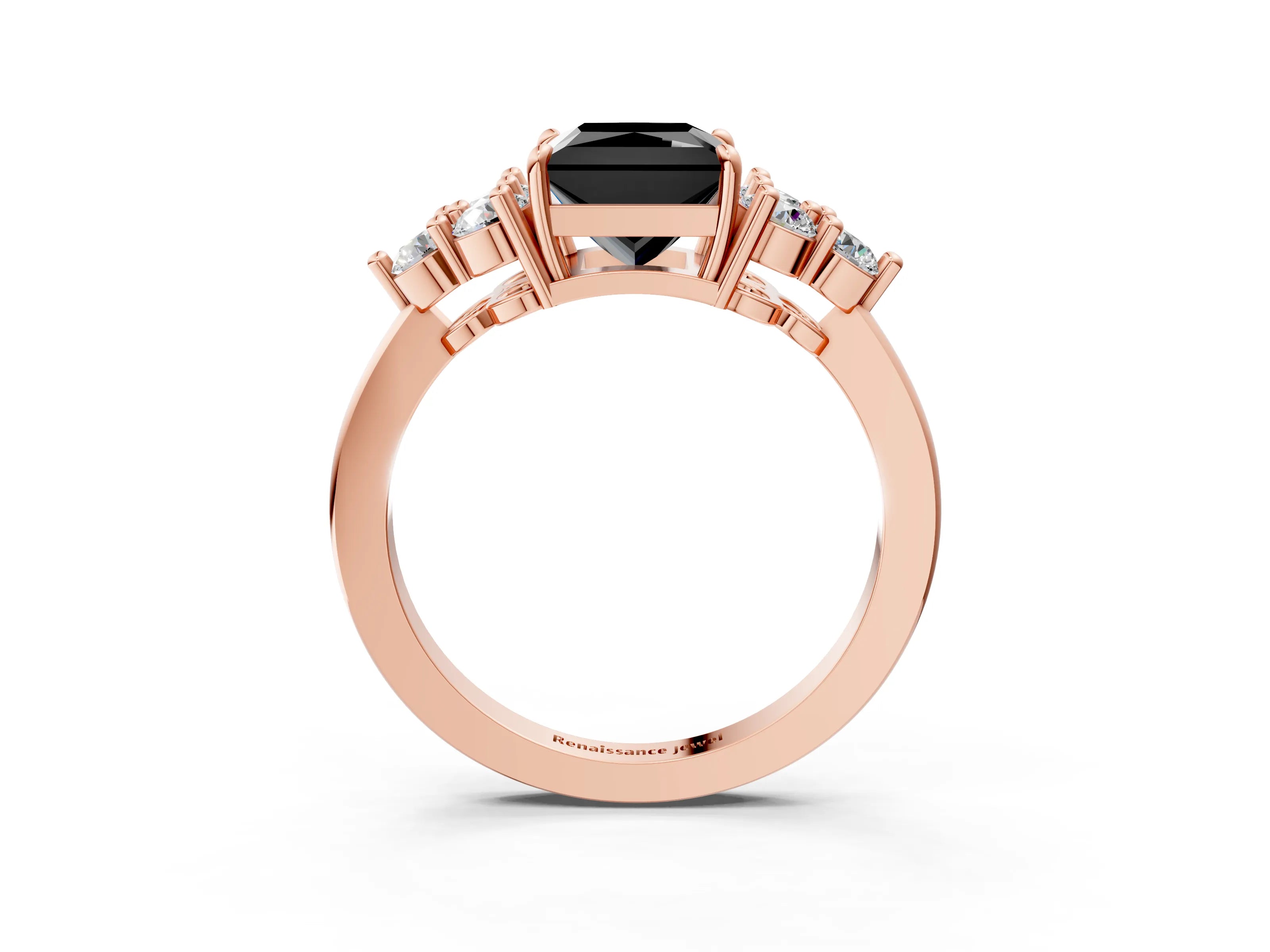 Rose gold Fancy Black Princess Cut Brilliant Diamond Cluster Accent Solitaire Ring with Prong Setting_3