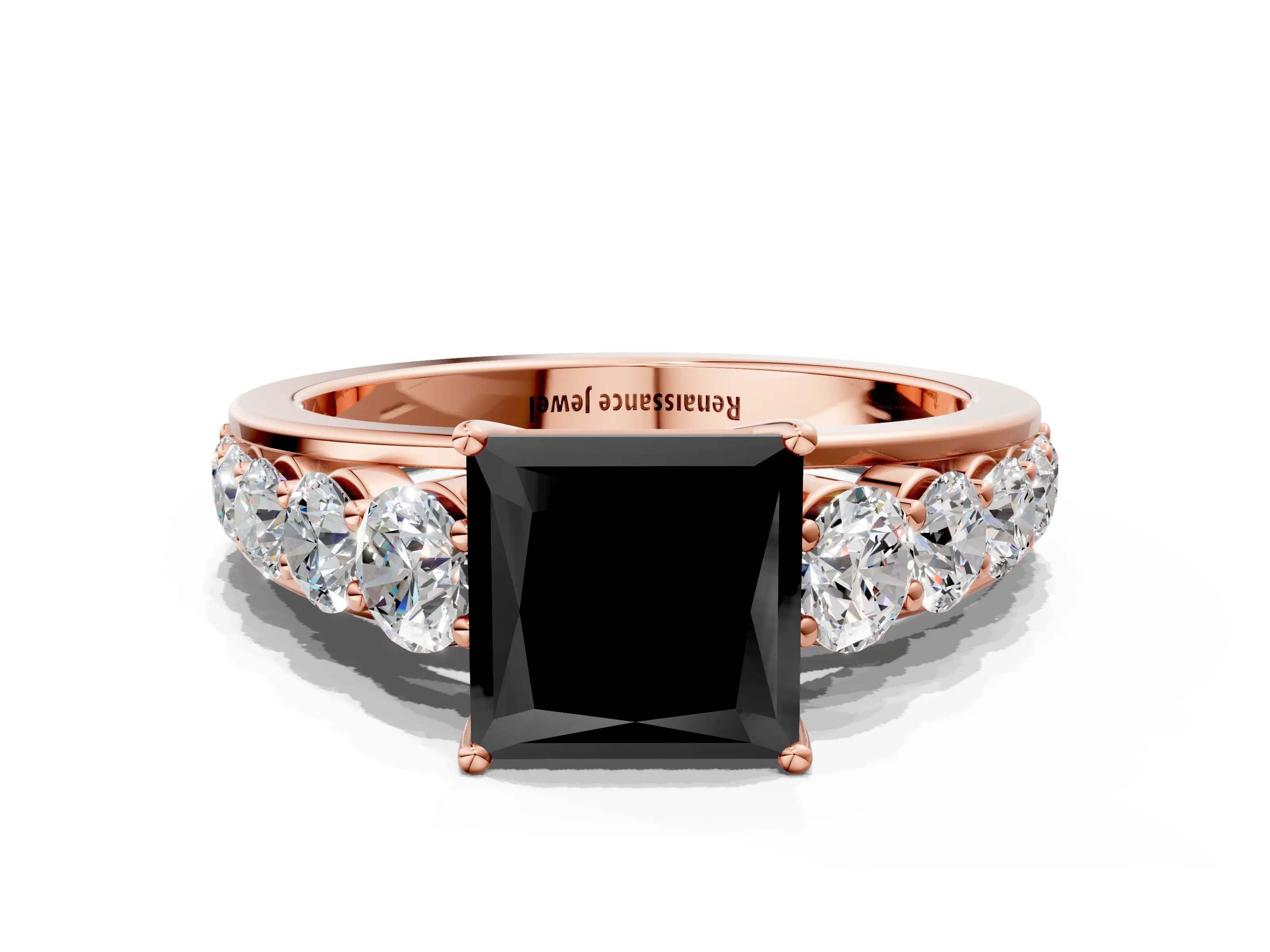 Rose gold Fancy Black Princess Cut Brilliant Diamond Pavé Band with Six-Prong Setting