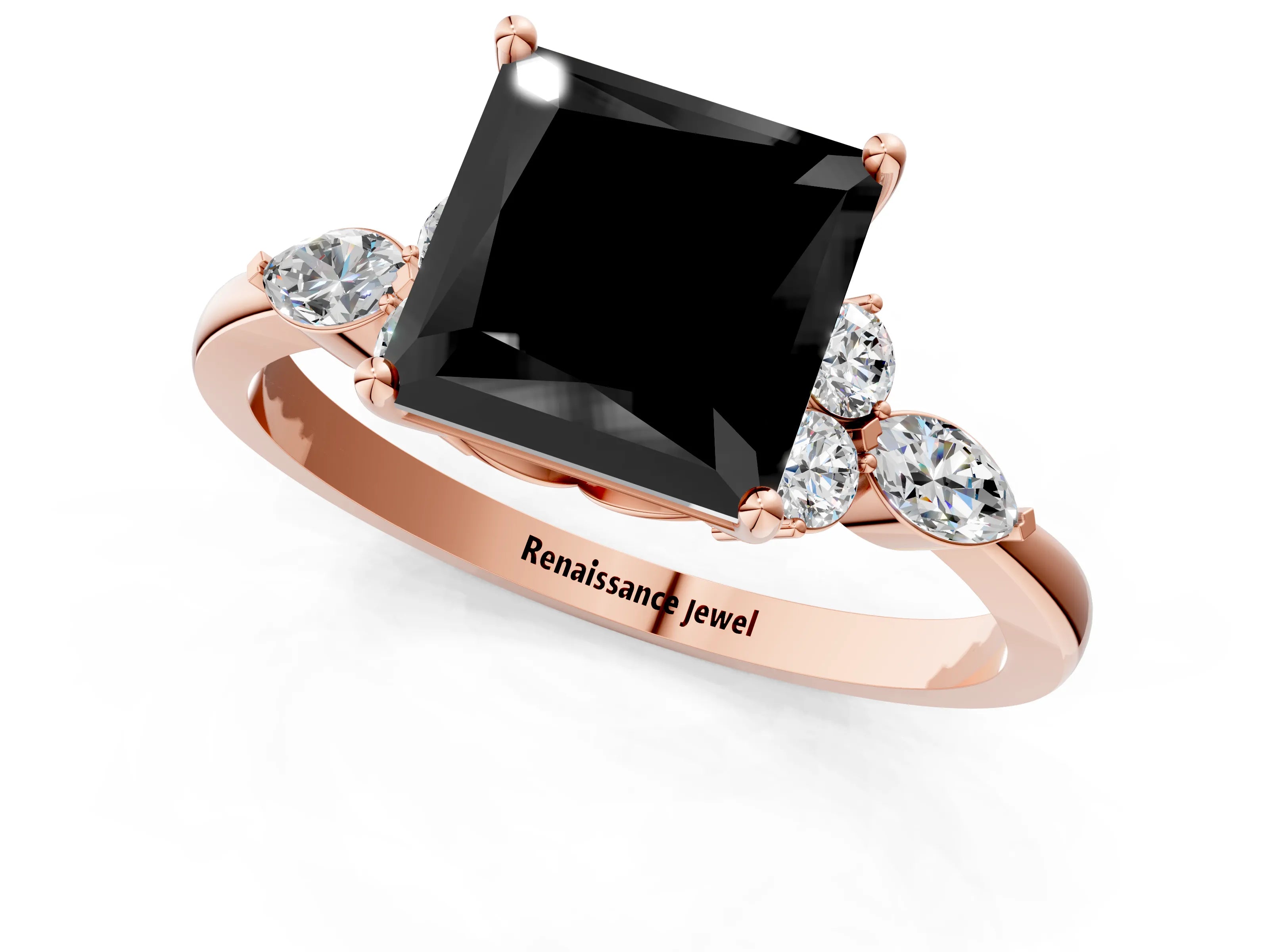 Rose gold Fancy Black Princess Cut Brilliant Diamond Solitaire Ring with Pear Side Stones and Four-Prong Setting_4