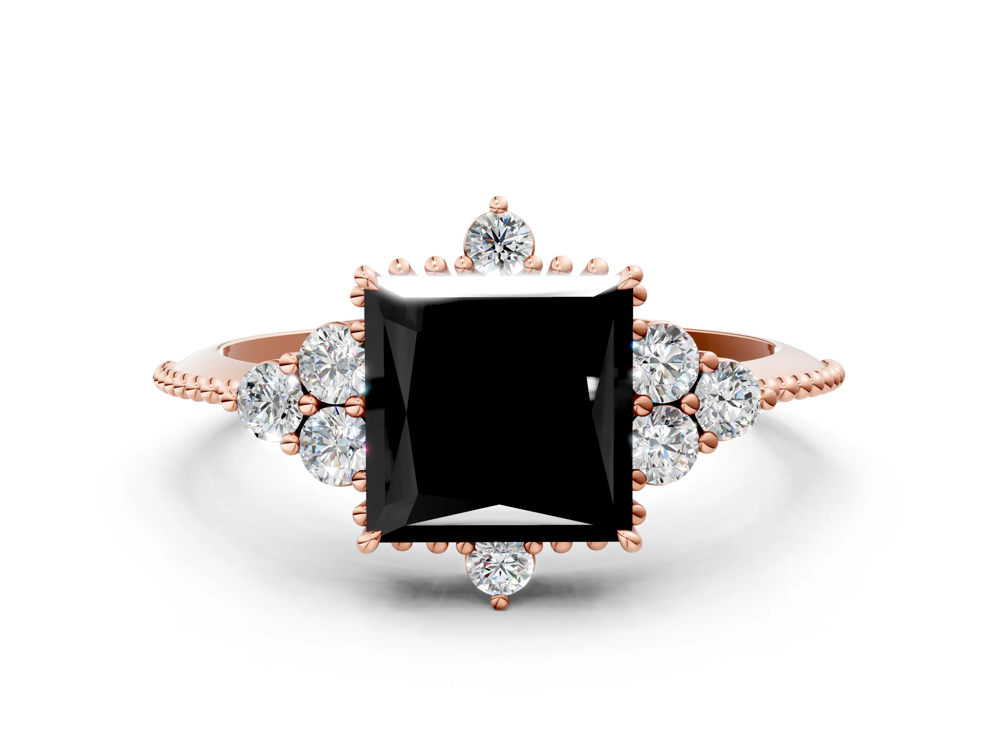 Rose gold Fancy Black Princess Cut Brilliant Diamond with Cluster Setting on a Beaded Band and Four-Prong Setting