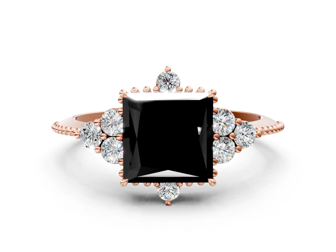 Rose gold Fancy Black Princess Cut Brilliant Diamond with Cluster Setting on a Beaded Band and Four-Prong Setting