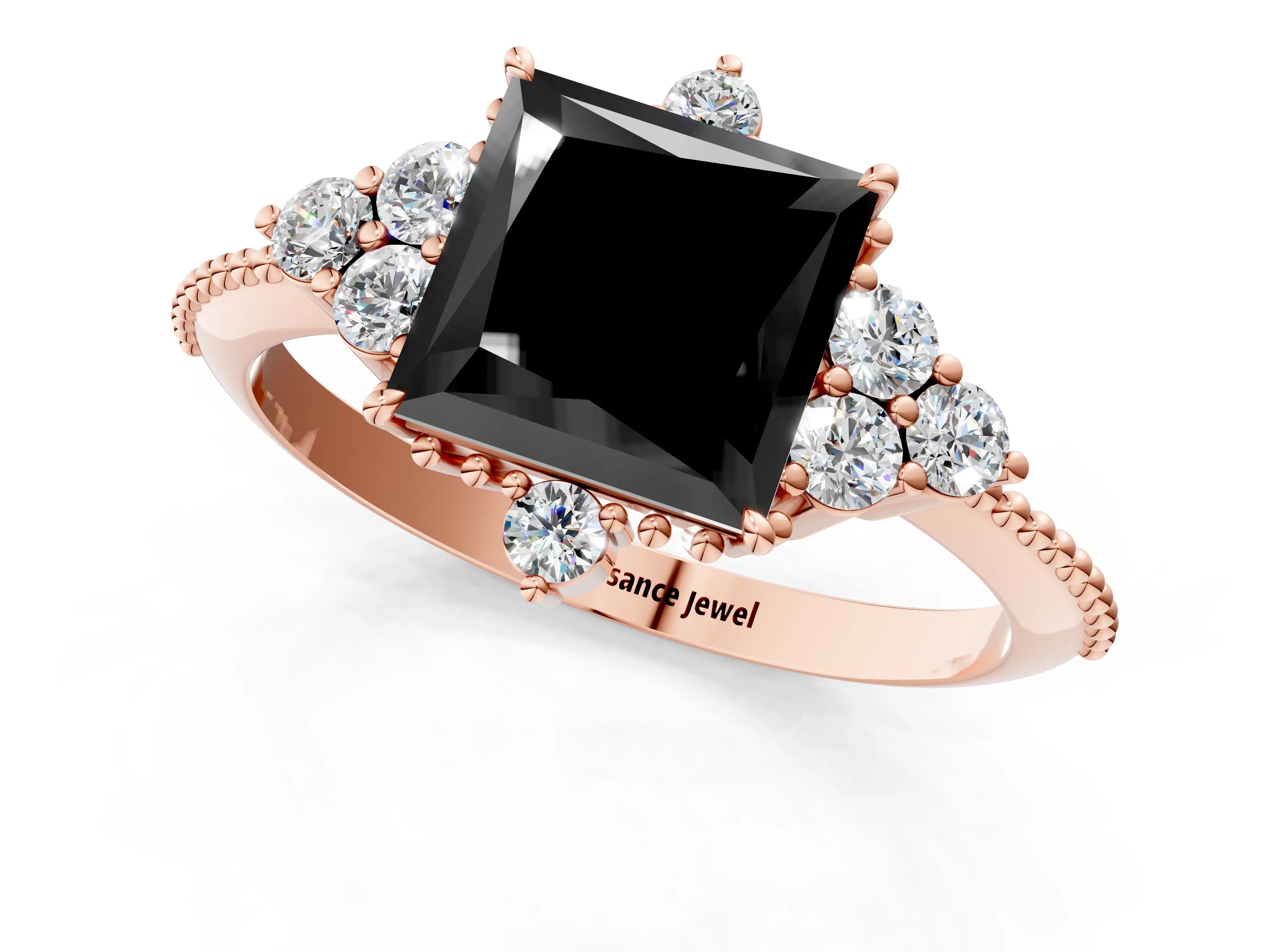 Rose gold Fancy Black Princess Cut Brilliant Diamond with Cluster Setting on a Beaded Band and Four-Prong Setting_1
