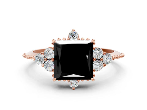 Rose gold Fancy Black Princess Cut Brilliant Diamond with Cluster Setting on a Beaded Band and Four-Prong Setting