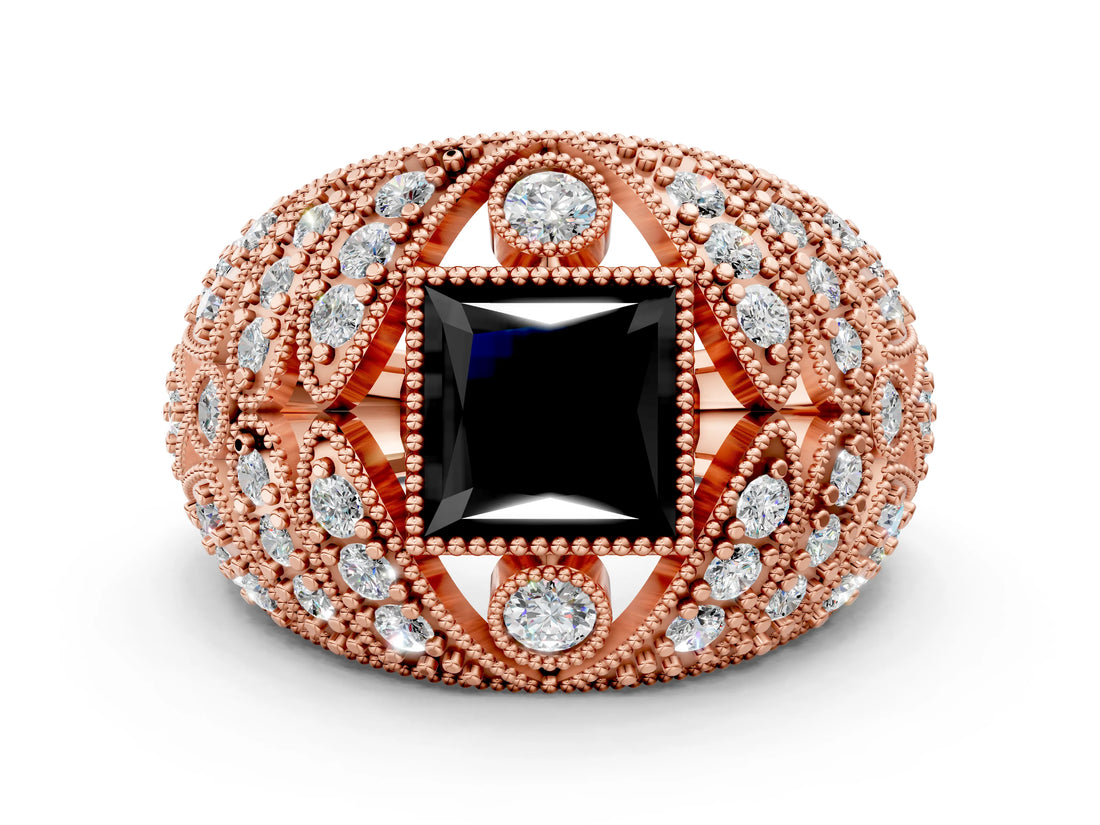 Rose gold Fancy Black Princess Cut Brilliant Halo Pave Diamond Milgrain Ring