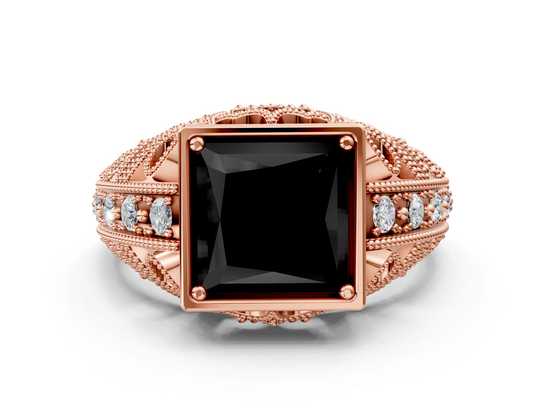 Rose gold Fancy Black Princess Cut Brilliant Milgrain Filigree Diamond Ring with Square Prong Setting_66