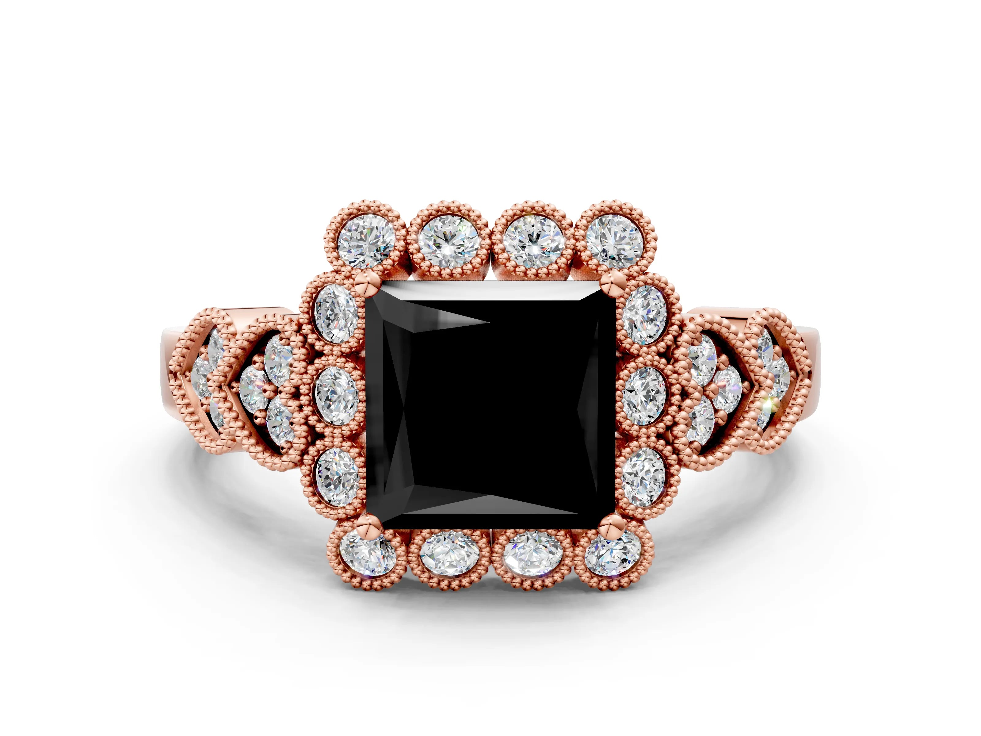 Rose gold Fancy Black Princess Cut Brilliant Milgrain Pave Heart Band Solitaire Ring
