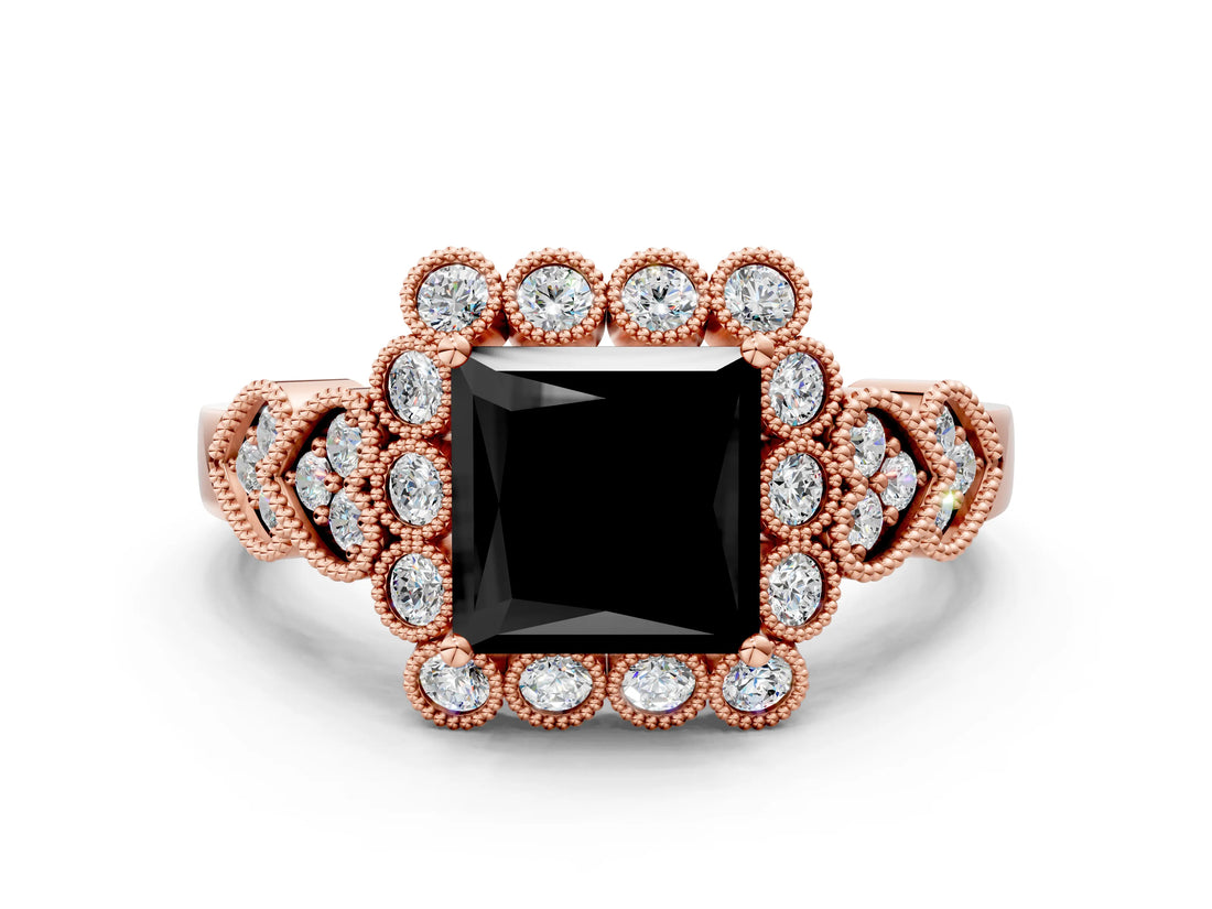 Rose gold Fancy Black Princess Cut Brilliant Milgrain Pave Heart Band Solitaire Ring