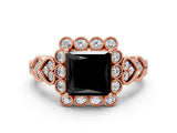 Rose gold Fancy Black Princess Cut Brilliant Milgrain Pave Heart Band Solitaire Ring