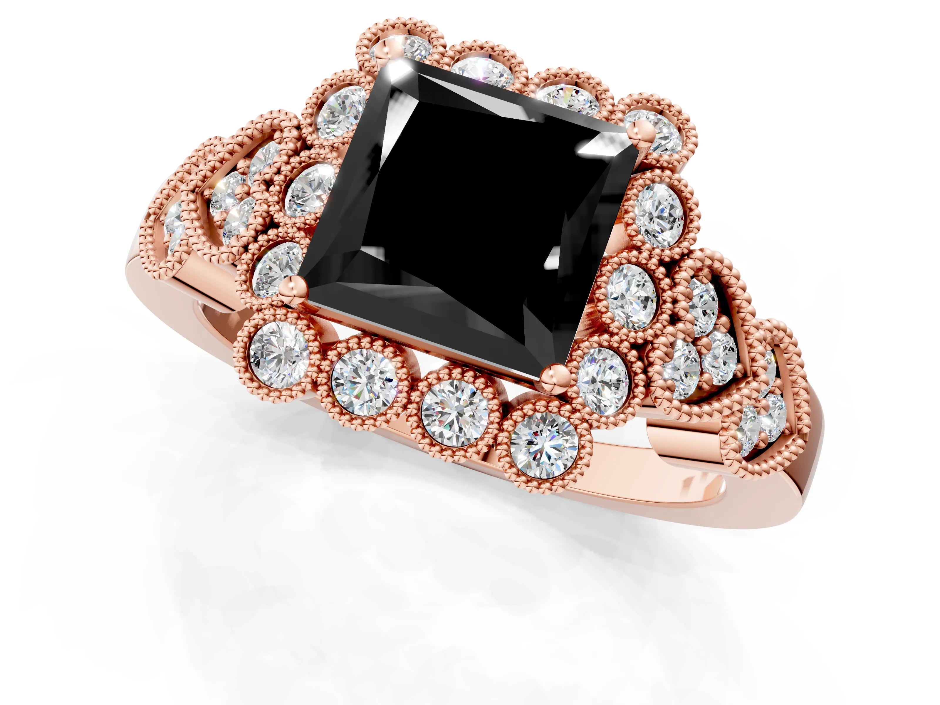 Rose gold Fancy Black Princess Cut Brilliant Milgrain Pave Heart Band Solitaire Ring_1
