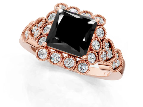 Rose gold Fancy Black Princess Cut Brilliant Milgrain Pave Heart Band Solitaire Ring_1