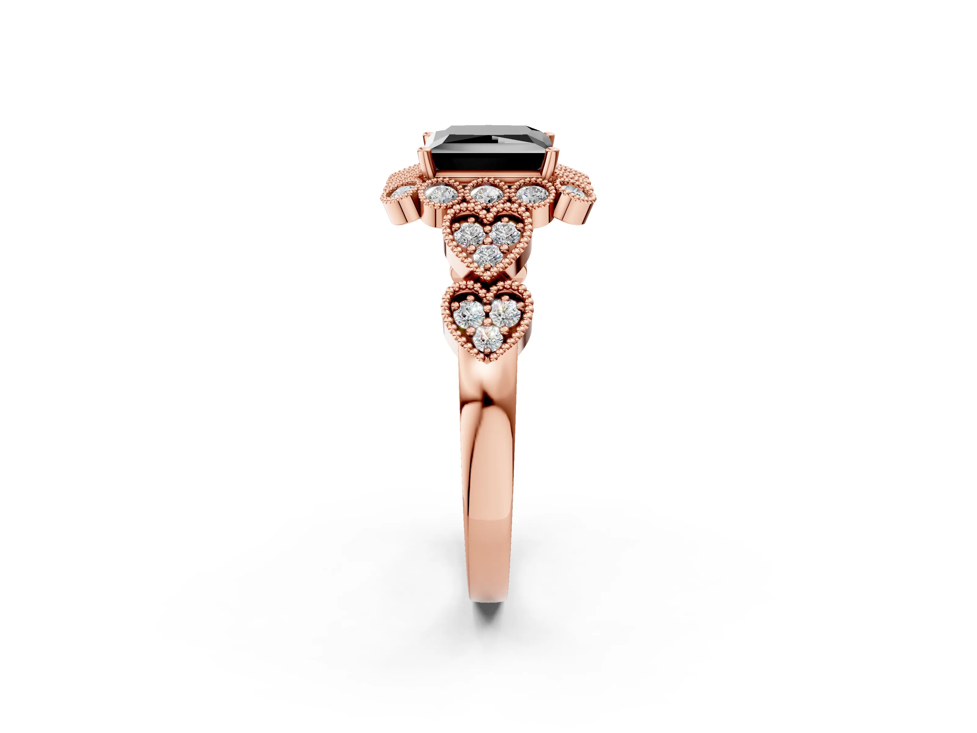 Rose gold Fancy Black Princess Cut Brilliant Milgrain Pave Heart Band Solitaire Ring_2