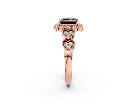 Rose gold Fancy Black Princess Cut Brilliant Milgrain Pave Heart Band Solitaire Ring_2