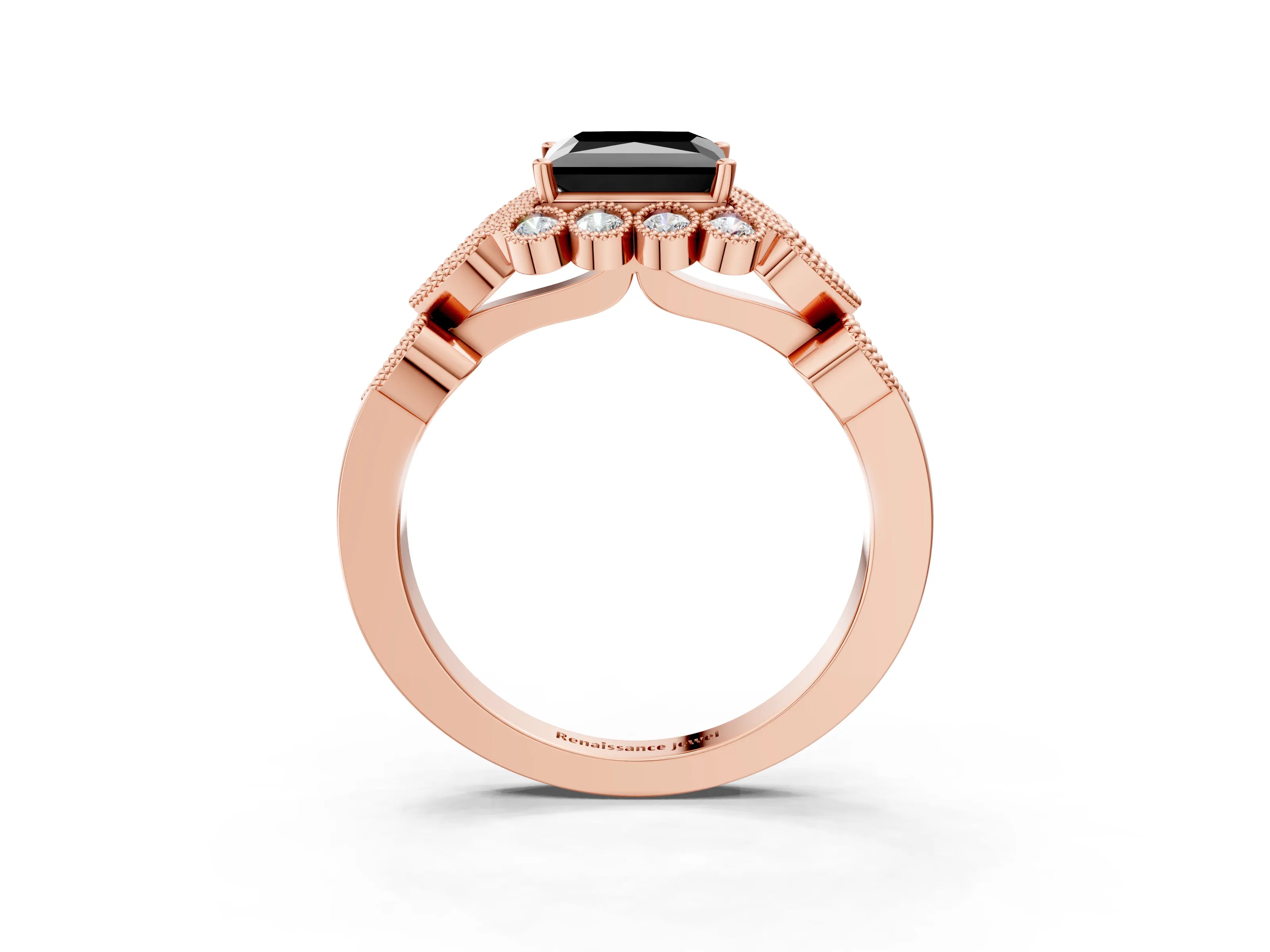 Rose gold Fancy Black Princess Cut Brilliant Milgrain Pave Heart Band Solitaire Ring_3