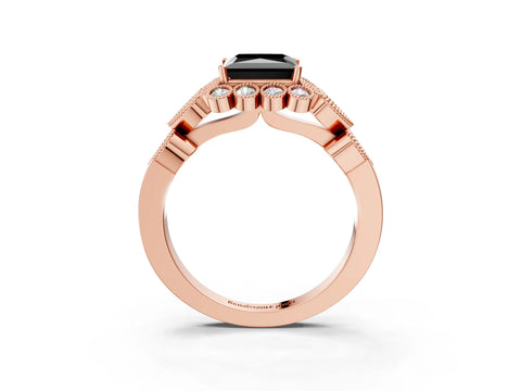 Rose gold Fancy Black Princess Cut Brilliant Milgrain Pave Heart Band Solitaire Ring_3
