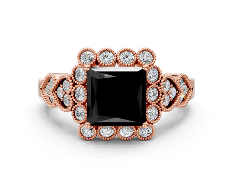Rose gold Fancy Black Princess Cut Brilliant Milgrain Pave Heart Band Solitaire Ring