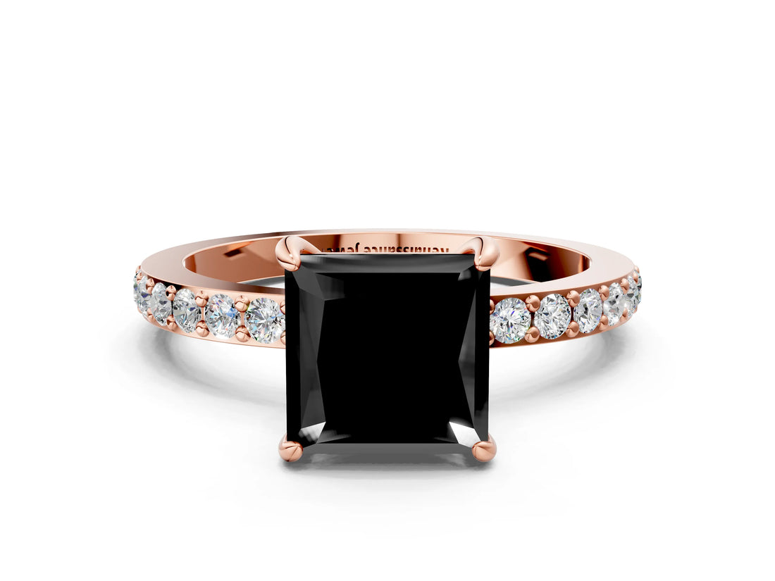 Rose gold Fancy Black Princess Cut Brilliant Pavé Band Solitaire with Four-Prong Setting