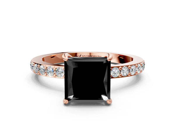 Rose Gold Princess Cut Hidden Halo Solitaire Engagement Ring Setting for Black Center with Pave Band