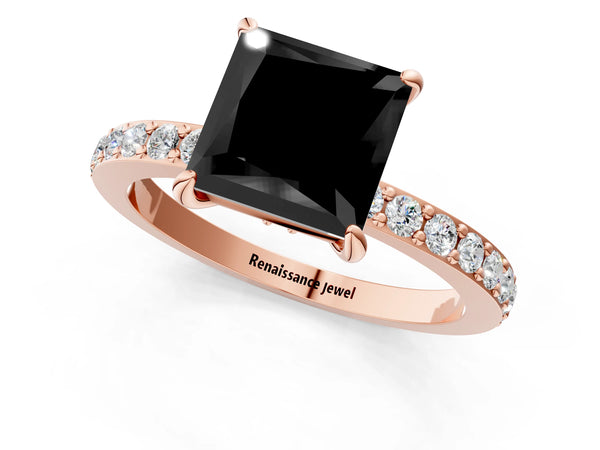 Rose Gold Princess Cut Hidden Halo Solitaire Engagement Ring Setting for Black Center with Pave Band