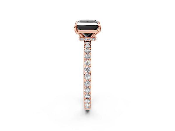 Rose Gold Princess Cut Hidden Halo Solitaire Engagement Ring Setting for Black Center with Pave Band