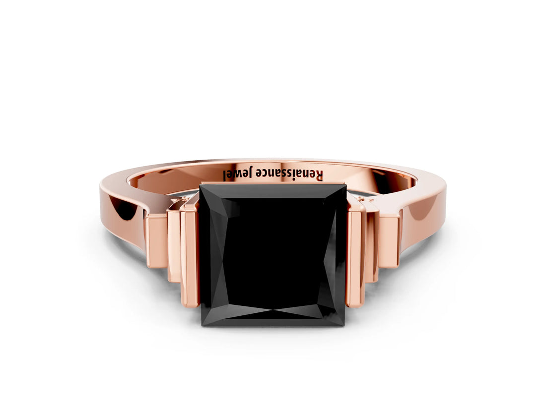 Rose gold Fancy Black Princess Cut Brilliant Solitaire Diamond Ring with Channel Set Band and Bar Prong Setting