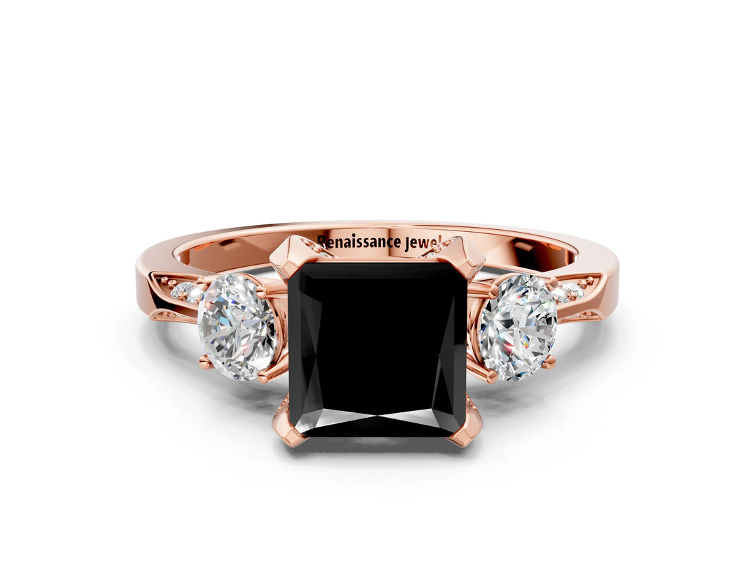 Rose gold Fancy Black Princess Cut Brilliant Three-Stone Diamond Ring with Pavé Band and Four-Prong Setting_15