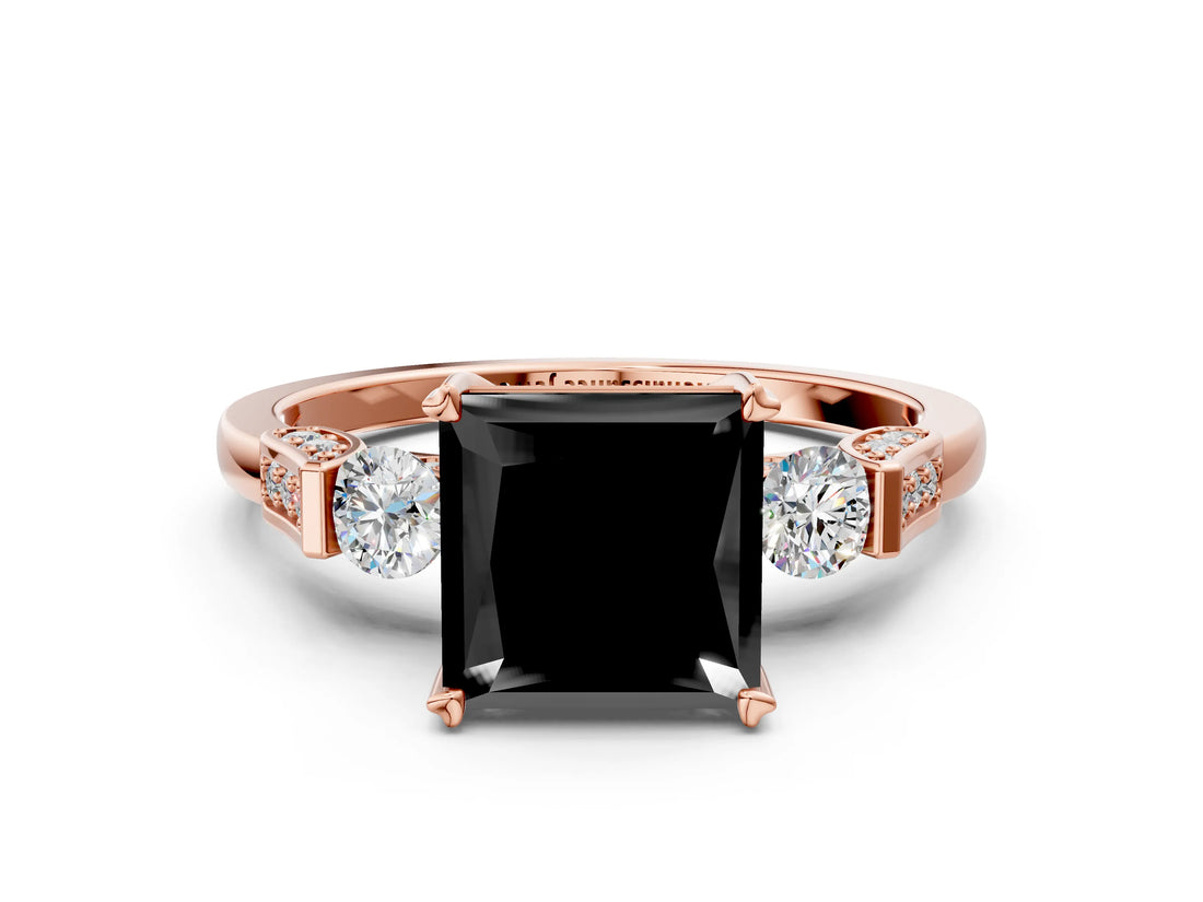 Rose gold Fancy Black Princess Cut Brilliant Three-Stone Pave Band with Four-Prong Setting